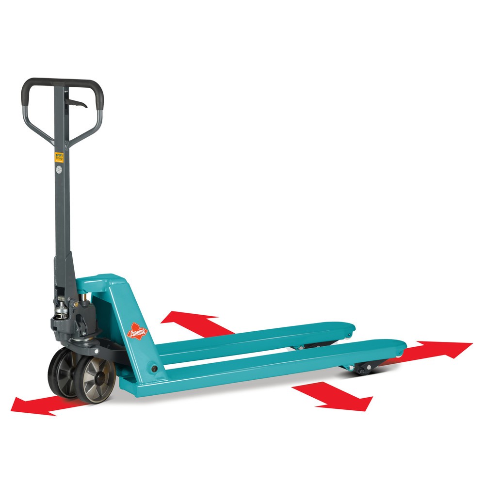Produktabbildung: 4-Wege-Handhubwagen Ameise® PTM 2.5 Cross, Tragfähigkeit 2.500 kg/1.500 kg, Gabellänge 1.150 mm, Polyurethan