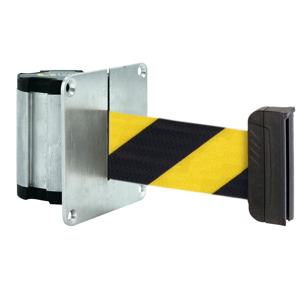Produktabbildung: Absperr-Wandgurt M mit magnetischem Endstück, Länge 2,3 m, schwarz / gelb diagonal gestreift