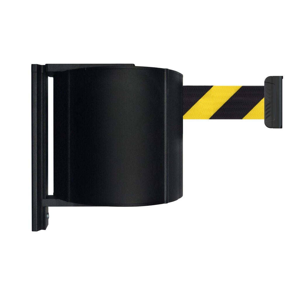 Absperr-Wandgurt XXL mit magnetischem Endstück, Länge 10 m, schwarz / gelb diagonal gestreift Produktabbildung: Absperr-Wandgurt XXL mit magnetischem Endstück, Länge 10 m, schwarz / gelb diagonal gestreift