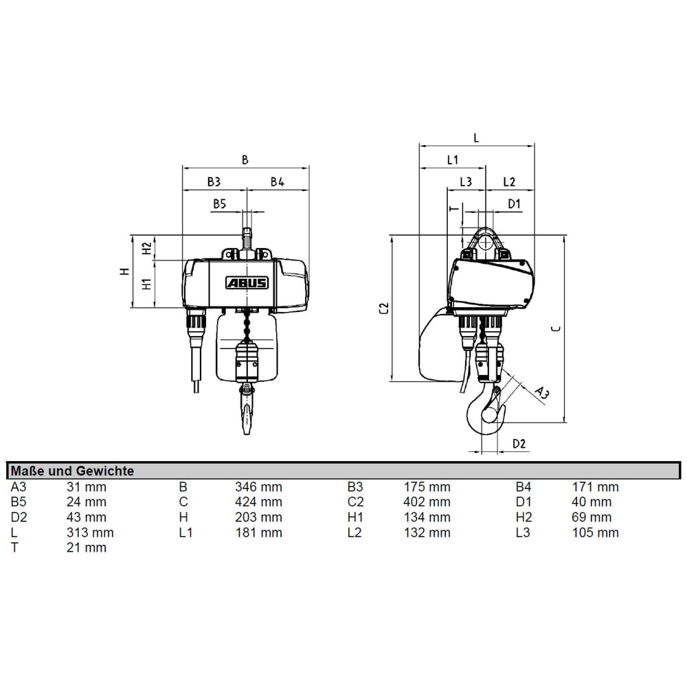 Produktabbildung Nr. 2: ABUS Elektrokettenzug GM2, stationär, TK 500 kg, 3 m Hakenweg