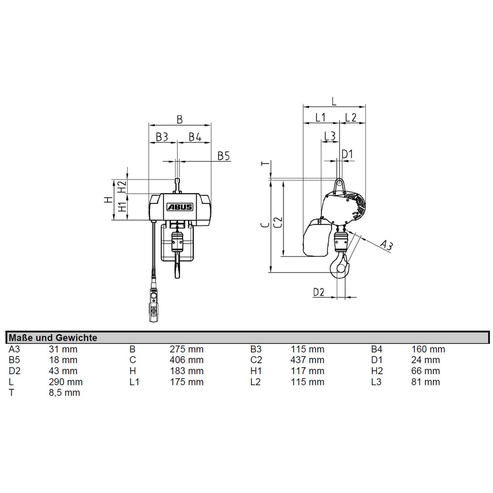 Produktabbildung Nr. 2: ABUS Elektrokettenzug GMC, stationär, TK 250 kg, 6 m Hakenweg