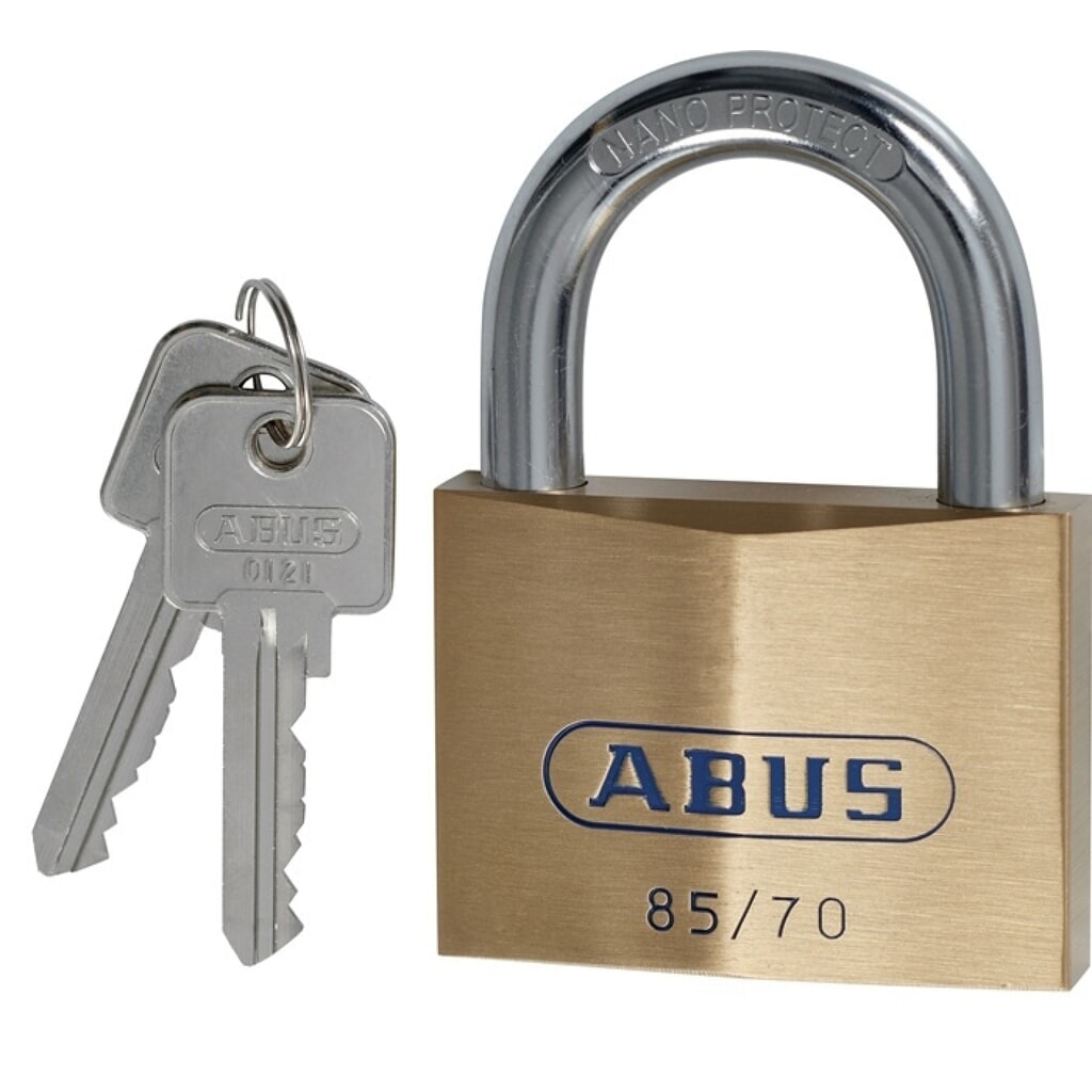 ABUS Zylindervorhangschloss 85/70 gl, Messing gleichschließend 0121, Schlosskörperbreite 70 mm Produktabbildung: ABUS Zylindervorhangschloss 85/70 gl, Messing gleichschließend 0121, Schlosskörperbreite 70 mm