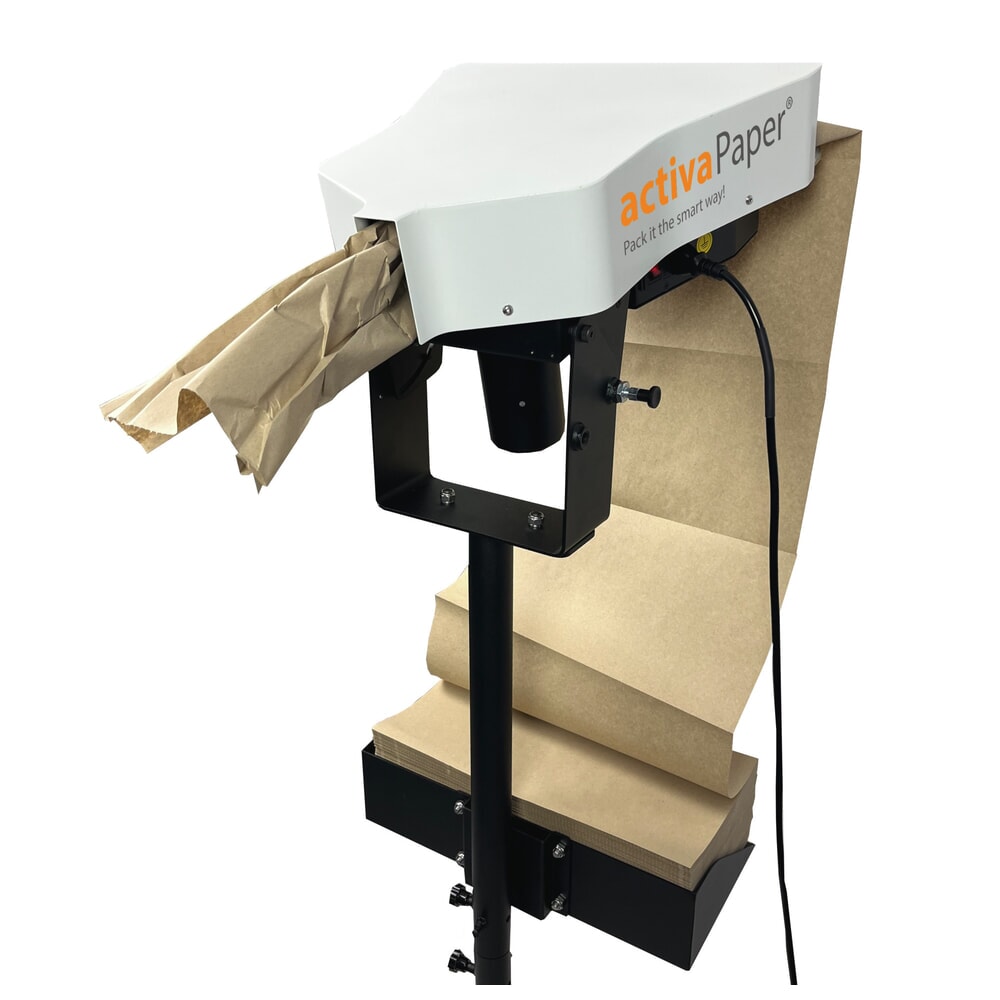 Produktabbildung: activaPaper® Papierpolstermaschine PA2000 für Einzel- oder Serienverpackung, elektrisch, Pedal, fahrbares Kreuz-Gestell, Faltpack von 50g² bis 70g²