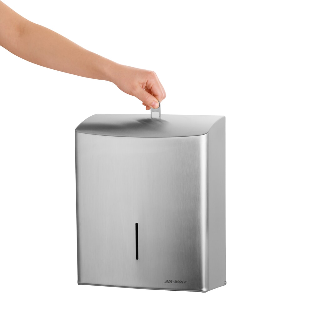 Air-Wolf Papierhandtuchspender für bis zu 600 Falthandtücher Edelstahl gebürstet Produktabbildung Nr. 8: Air-Wolf Papierhandtuchspender für bis zu 600 Falthandtücher Edelstahl gebürstet