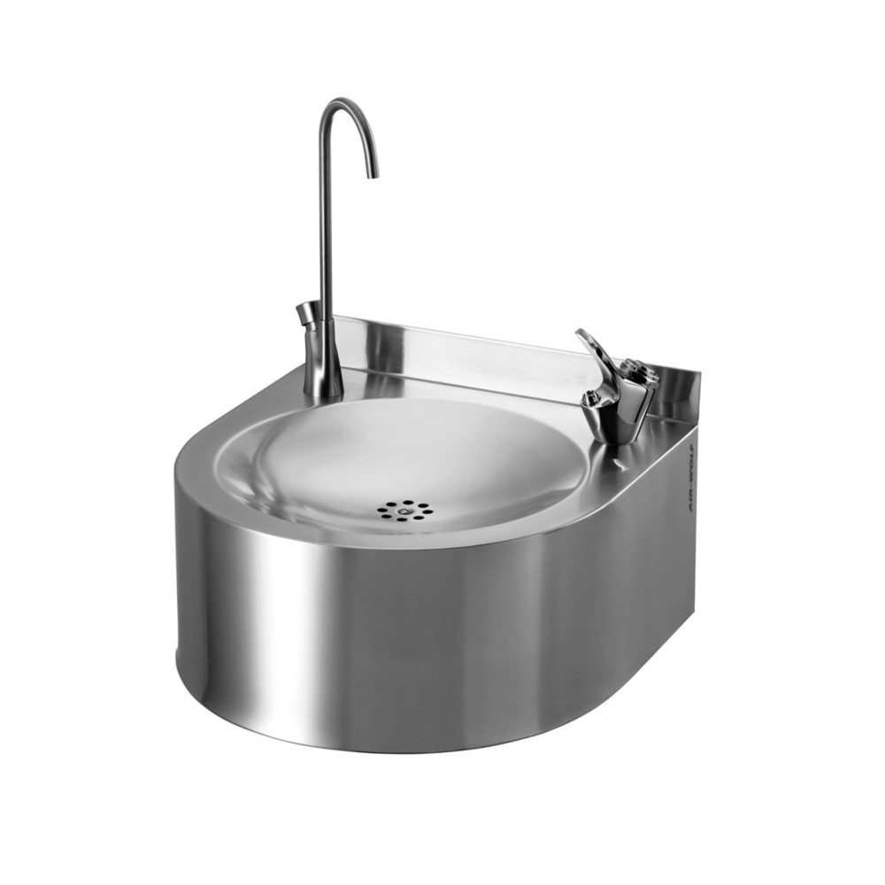 Produktabbildung: Air-Wolf Trinkbrunnen mit Druckknopf- und Flaschenfüllarmatur, Wandbecken aus Edelstahl V2A gebürstet