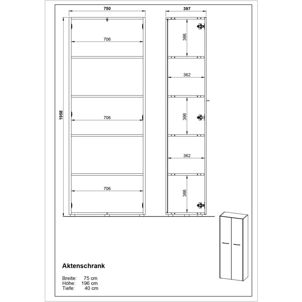 Produktabbildung Nr. 6: Aktenschrank PASADENA, 2 Flügeltüren, Höhe 1.960 mm, Breite 750 mm, Graphit/Weiß