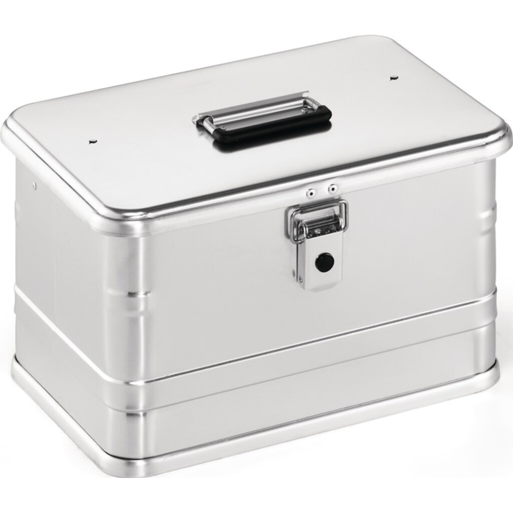 Aluminiumbox, mit Klapphebelverschlüssen mit Bohrungen, L432xB335xH275mm 29 l Produktabbildung: Aluminiumbox, mit Klapphebelverschlüssen mit Bohrungen, L432xB335xH275mm 29 l