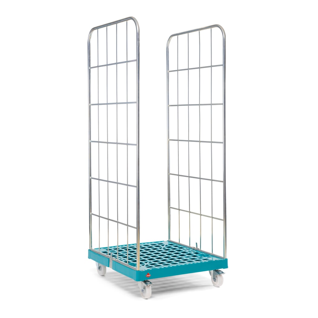 Produktabbildung: Ameise® Rollbehälter, 2-seitig, grobmaschig, galvanisch verzinkt, Kunststoff-Rollplatte, HxBxT 1.640 x 724 x 815 mm