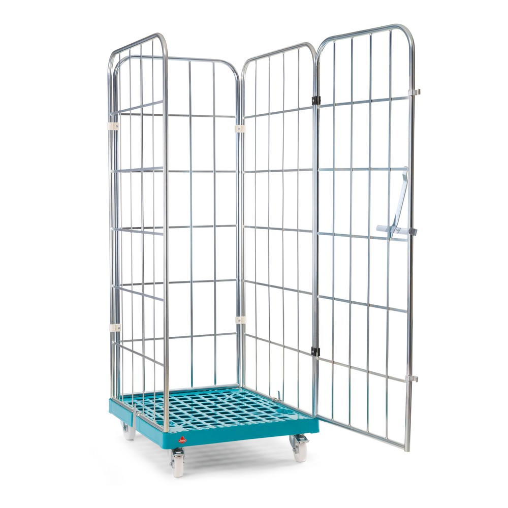 Produktabbildung: Ameise® Rollbehälter, 4-seitig, grobmaschig, galvanisch verzinkt, Kunststoff-Rollplatte, HxBxT 1.830 x 724 x 815 mm, mit einteiliger, schwenkbarer Vorderwand