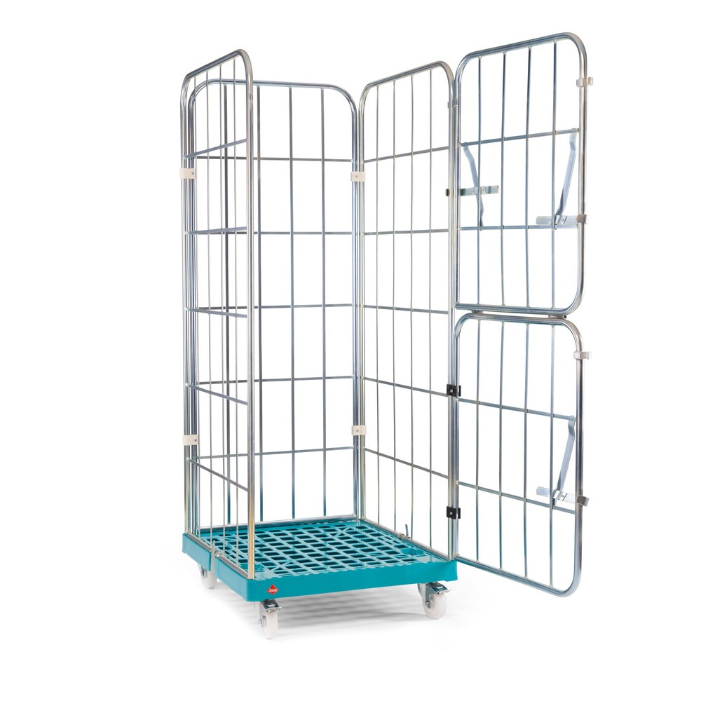 Produktabbildung: Ameise® Rollbehälter, 4-seitig, grobmaschig, galvanisch verzinkt, Kunststoff-Rollplatte, HxBxT 1.640 x 724 x 815 mm, mit zweiteiliger, klappbarer Vorderwand
