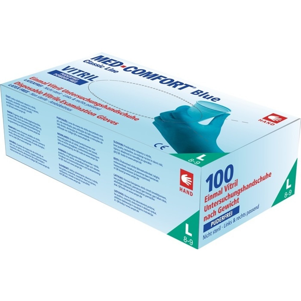 Produktabbildung: AMPRI Einweghandschuh Med Comfort Blue Vitril, Vinyl-Nitril Gemisch, Größe XL blau, 100 Stück / Box, EN 420, EN 374, EN 455 PSA-Kategorie III