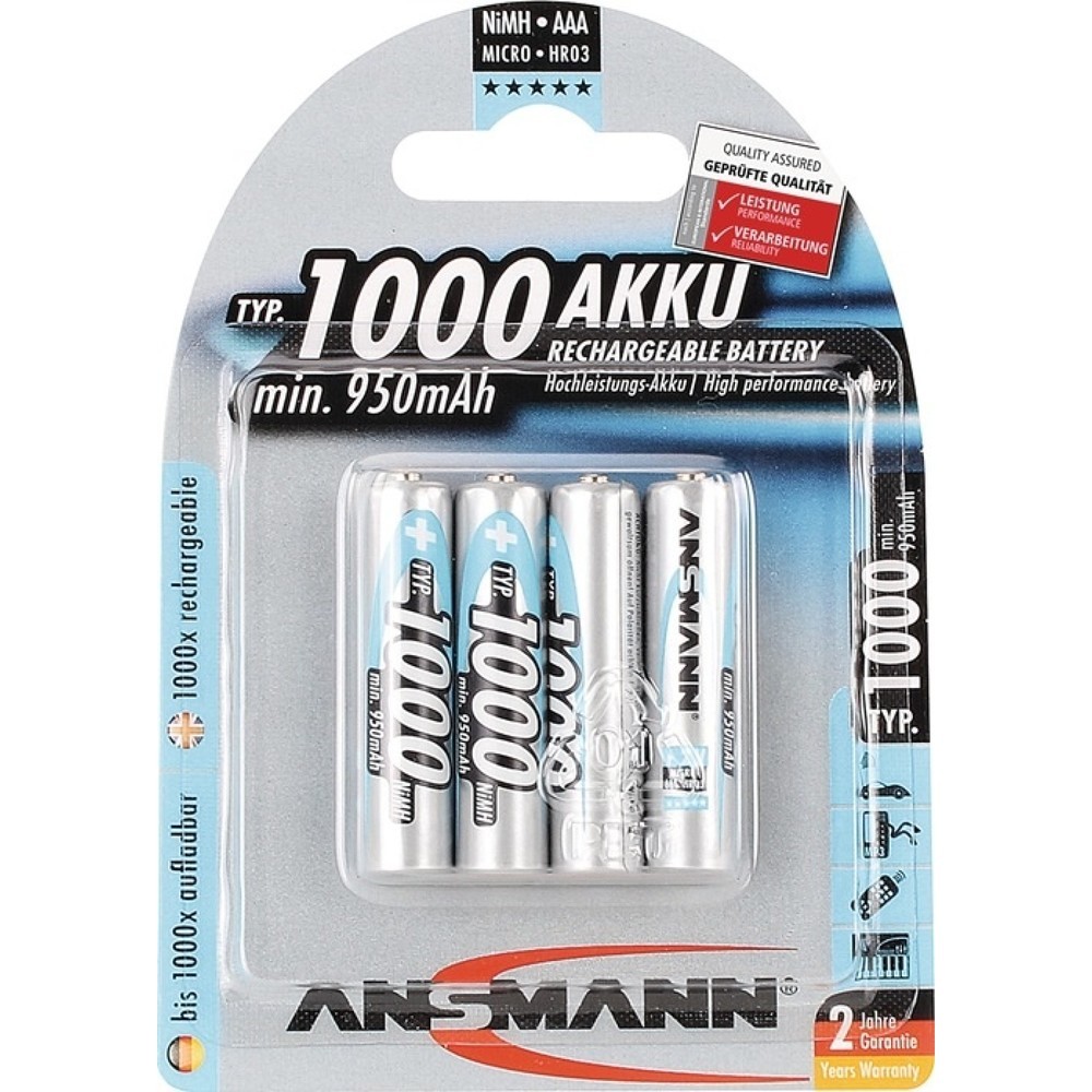 Produktabbildung: ANSMANN Akkuzelle, R03-AAA-Micro HR03, 1,2 V 1000 mAh, 4St./Blister, 4