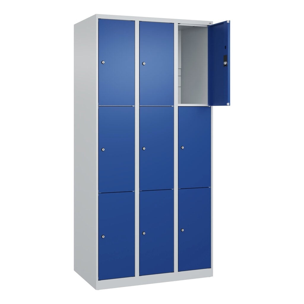 C+P Schließfachschrank Classic PLUS, 3 Abteile, HxBxT 1.850 x 900 x 500 mm, lichtgrau, enzianblau, 9 Fächer, Zylinderschloss Produktabbildung: C+P Schließfachschrank Classic PLUS, 3 Abteile, HxBxT 1.850 x 900 x 500 mm, lichtgrau, enzianblau, 9 Fächer, Zylinderschloss