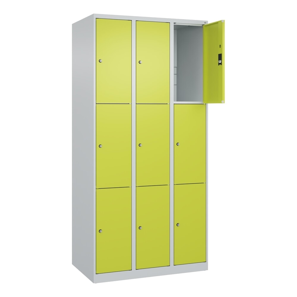 Produktabbildung: C+P Schließfachschrank Classic PLUS, 3 Abteile, HxBxT 1.850 x 900 x 500 mm, lichtgrau, clowngrün, 9 Fächer, Zylinderschloss