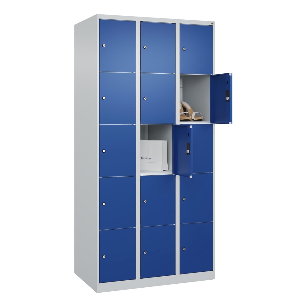 Produktabbildung Nr. 8: C+P Schließfachschrank Classic PLUS, 3 Abteile, HxBxT 1.850 x 900 x 500 mm, lichtgrau, enzianblau, 15 Fächer, Zylinderschloss