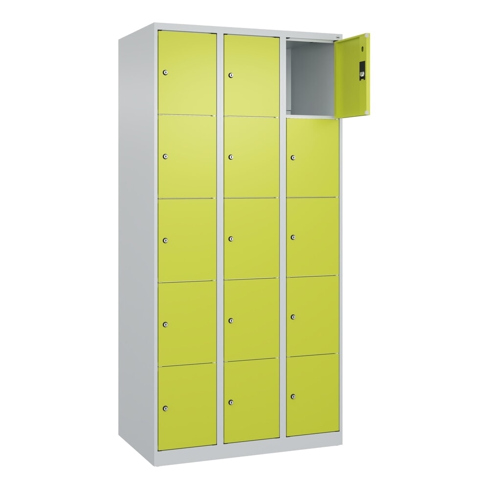 Produktabbildung Nr. 1: C+P Schließfachschrank Classic PLUS, 3 Abteile, HxBxT 1.850 x 900 x 500 mm, lichtgrau, clowngrün, 15 Fächer, Zylinderschloss