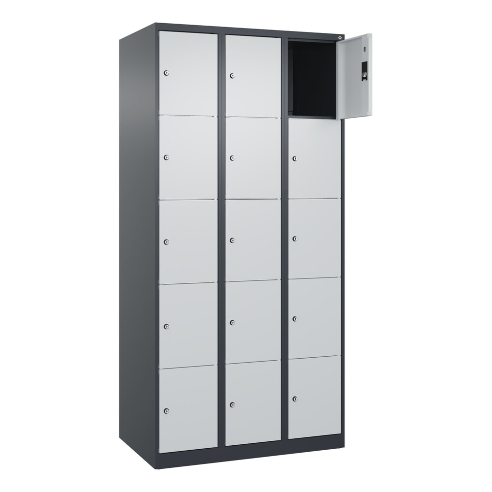 Produktabbildung: C+P Schließfachschrank Classic PLUS, 3 Abteile, HxBxT 1.850 x 900 x 500 mm, anthrazitgrau, lichtgrau, 15 Fächer, Zylinderschloss
