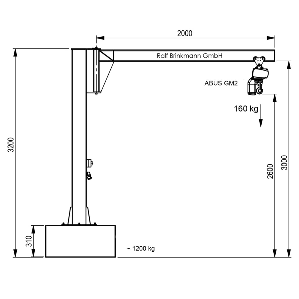 Produktabbildung Nr. 3: Brinkmann mobiler Säulenschwenkkran mit Stahl Ausleger, ABUS Kettenzug, Tragfähigkeit 160 kg, Ausladung 2 m