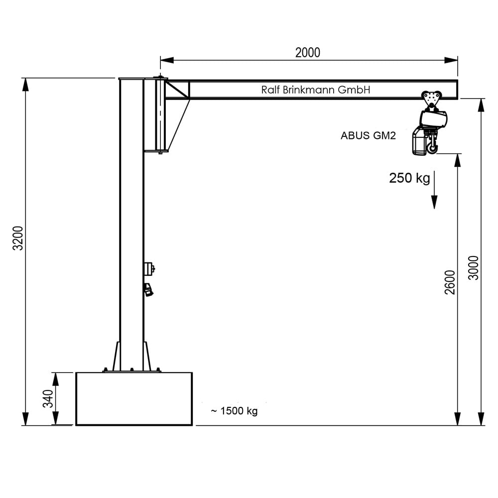 Produktabbildung Nr. 2: Brinkmann mobiler Säulenschwenkkran mit Stahl Ausleger, ABUS Kettenzug, Tragfähigkeit 250 kg, Ausladung 2 m