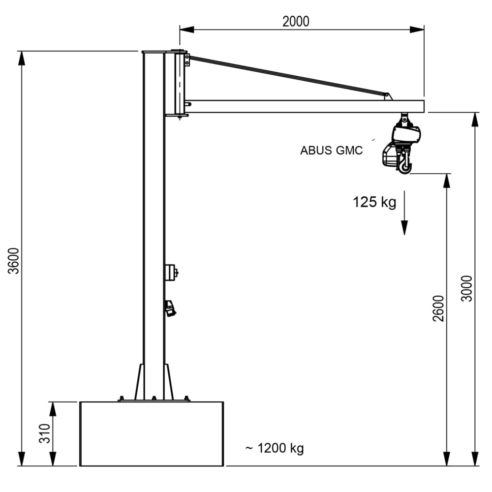 Produktabbildung Nr. 3: Brinkmann mobiler Säulenschwenkkran mit Aluminium Ausleger, ABUS Kettenzug, Tragfähigkeit 125 kg, Ausladung 2 m