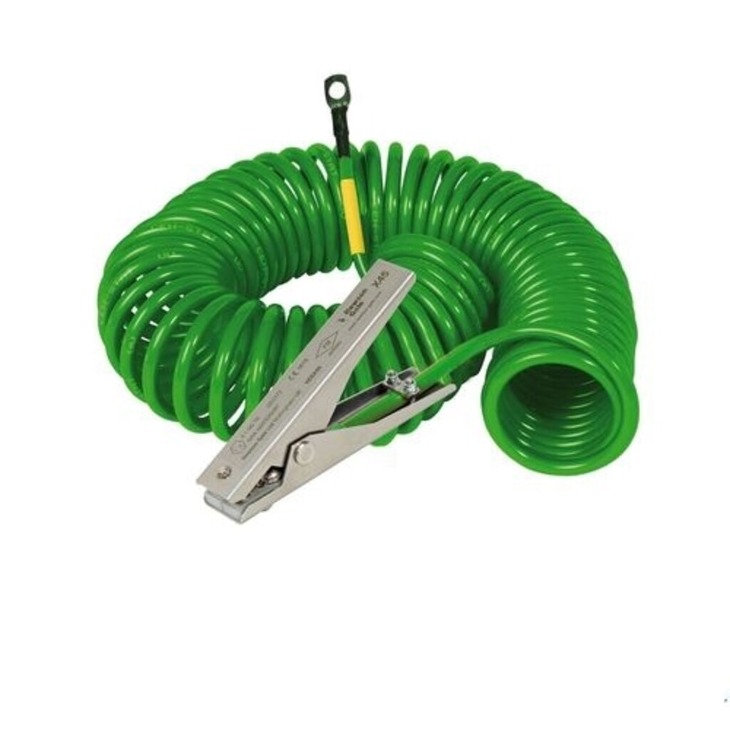 Denios Spiral-Erdungskabel, 1 Edelstahl-Erdungszange MD 120 mm, 3 m Auszugslänge, ATEX Produktabbildung: Denios Spiral-Erdungskabel, 1 Edelstahl-Erdungszange MD 120 mm, 3 m Auszugslänge, ATEX