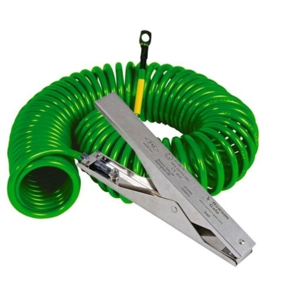 Produktabbildung Nr. 1: Denios Spiral-Erdungskabel, 1 Edelstahl-Erdungszange HD 235 mm, 3 m Auszugslänge, ATEX