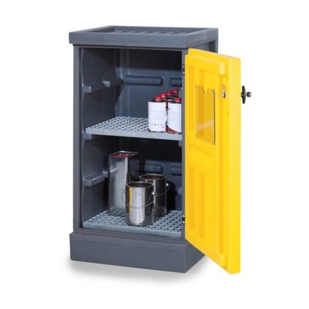 Produktabbildung: Denios Chemikalienschrank aus PE, HxBxT 1.130 x 610 x 640 mm, 2 Gitterroste, verzinkt