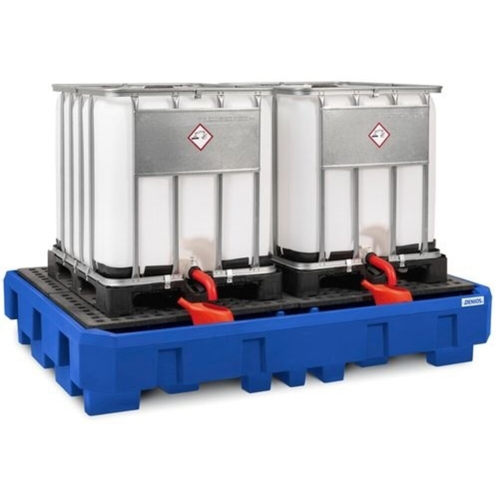 Produktabbildung: Denios Auffangwanne classic-line aus PE für 2 IBC, Abfüllbereich und PE-Gitterrost, HxBxT 485 x 2460 x 1800 mm