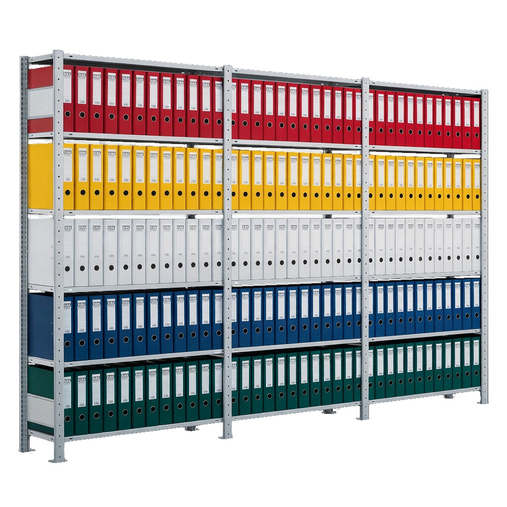 Produktabbildung: SCHULTE Komplettpaket Aktenregal, einseitig, Fachlast 85 kg, HxBxT 2.000 x 3.000 x 300 mm, verzinkt