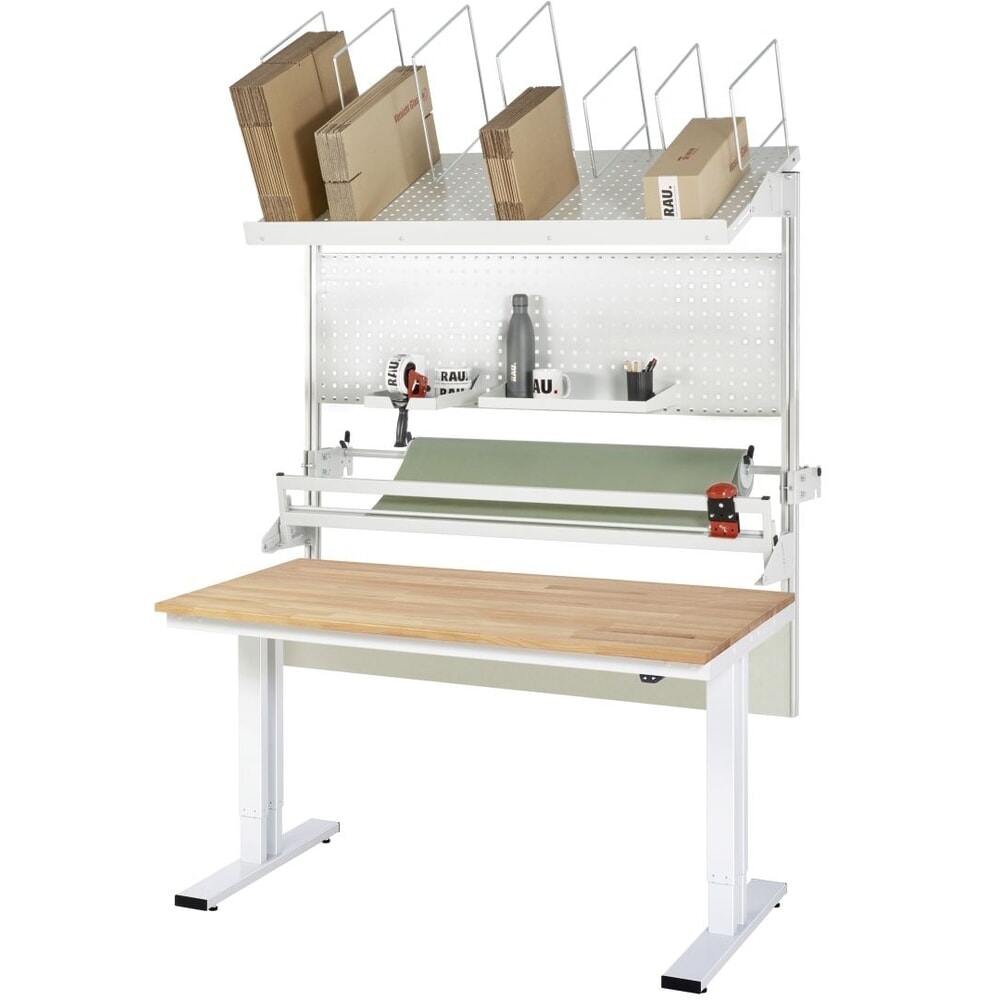 Produktabbildung Nr. 13: RAU Elektrisch höhenverstellbares Packtisch-Set adlatus 300, Aufbau mit Kartonmagazin, Lochplatte und Schneidegerät, HxBxT 1850-2250 mm x 1500 mm x 1000 mm