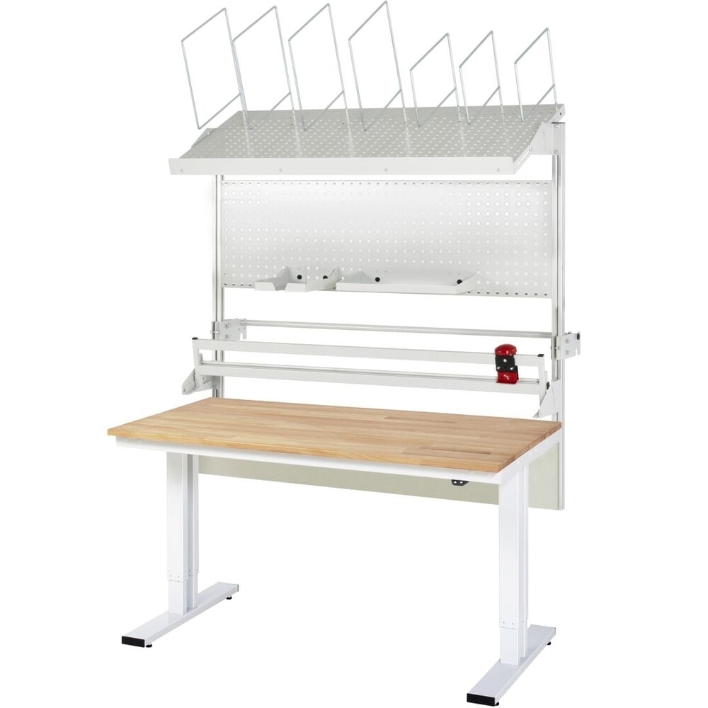 Produktabbildung: RAU Elektrisch höhenverstellbares Packtisch-Set adlatus 300, Aufbau mit Kartonmagazin, Lochplatte und Schneidegerät, HxBxT 1850-2250 mm x 1500 mm x 1000 mm