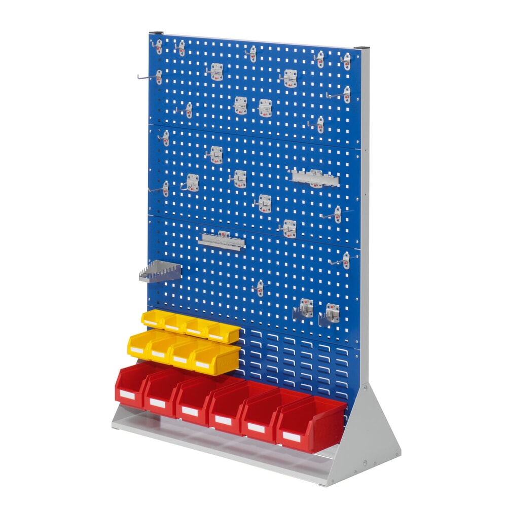 Produktabbildung: Kappes RasterPlan Lochplatten-Wand, doppelseitig, Werkzeughaltersortiment 28-teilig, HxBxT 1450 x 1000 x 430 mm, lichtgrau/enzianblau