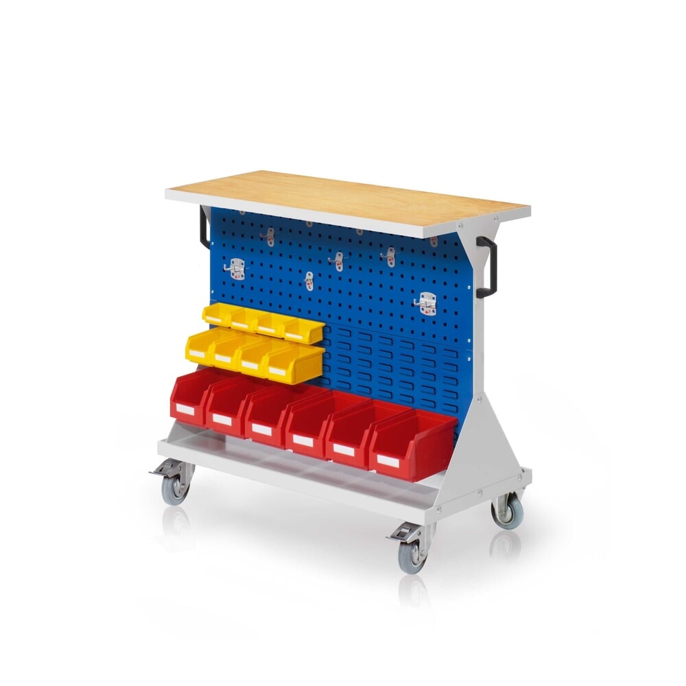 Produktabbildung: Kappes Rastermobil-Rollwagen, HxBxT 930 mm x 1000 mm x 500 mm, mit Auflageboden inkl. Multiplex-Werkbankplatte, lichtgrau/enzianblau