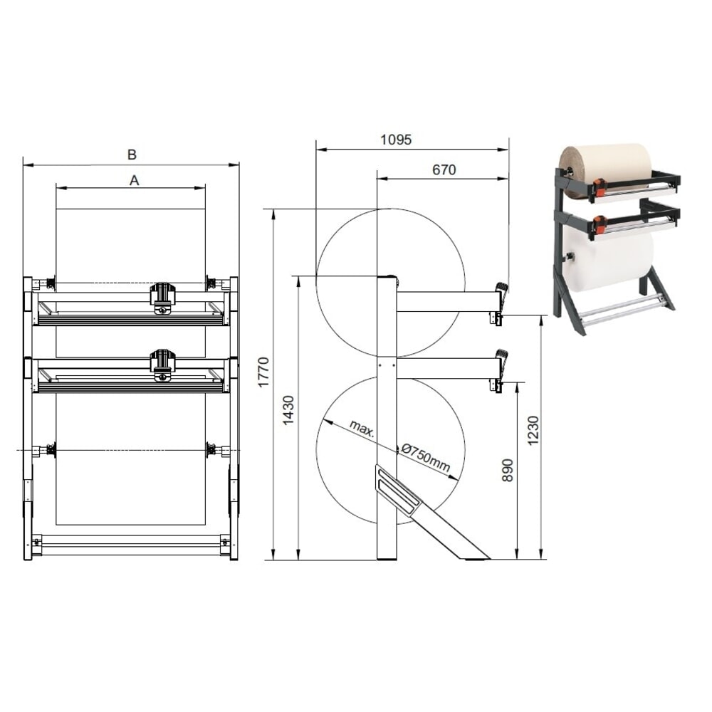 Produktabbildung Nr. 4: Rocholz Doppel-Schneidständer, für hohe Belastungen, Rollengewicht max. 150 kg, Schnittbreite 750 mm