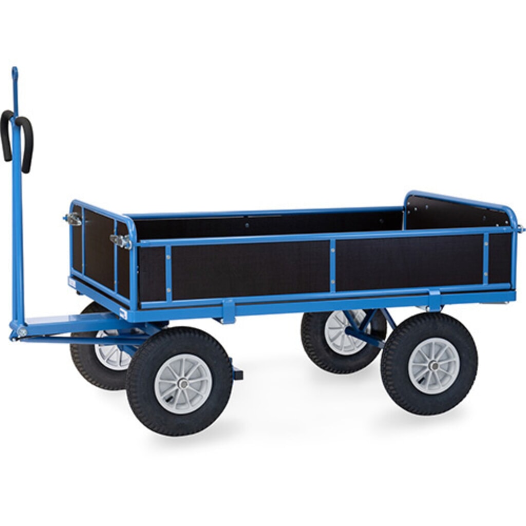 fetra® Handpritschenwagen mit Luft-Bereifung, Zugöse und 3 abklappbaren Wänden, HxBxL 1.130 x 825 x 1.560 mm, Tragkraft 700 kg Produktabbildung: fetra® Handpritschenwagen mit Luft-Bereifung, Zugöse und 3 abklappbaren Wänden, HxBxL 1.130 x 825 x 1.560 mm, Tragkraft 700 kg