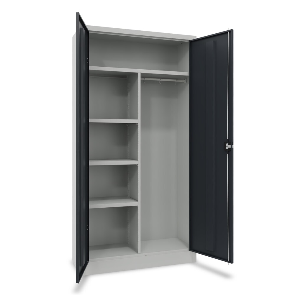 Produktabbildung Nr. 1: PAVOY Flügeltürenschrank mit Hutboden, Trennwand, pulverbeschichteten Fachböden und Kleiderstange, HxBxT 1950 x 1000 x 500 mm, lichtgrau/anthrazitgrau
