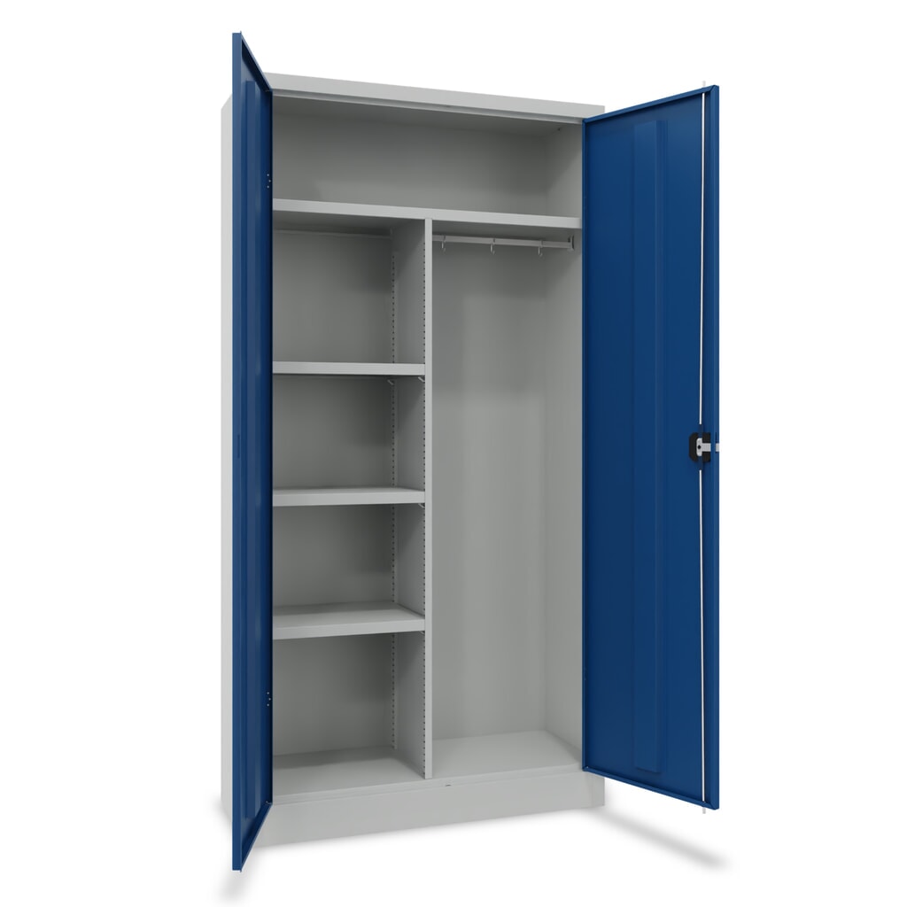 Produktabbildung: PAVOY Flügeltürenschrank mit Hutboden, Trennwand, pulverbeschichteten Fachböden und Kleiderstange, HxBxT 1950 x 1000 x 400 mm, lichtgrau/enzianblau