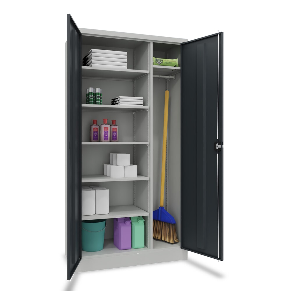 Produktabbildung Nr. 1: PAVOY Putzmittelschrank mit Trennwand, verzinkten Fachböden und Kleiderstange, HxBxT 1950 x 1000 x 500 mm, lichtgrau/anthrazitgrau