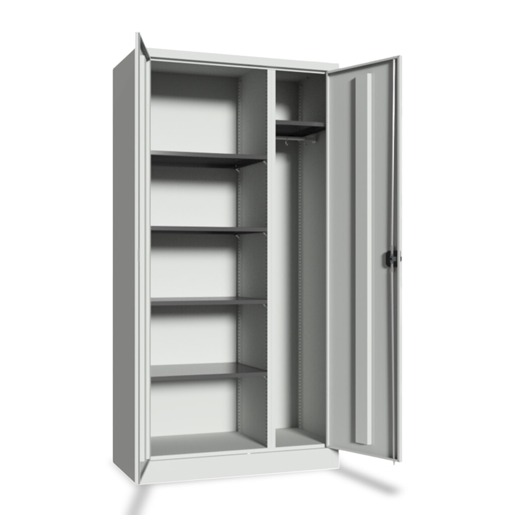 Produktabbildung Nr. 1: PAVOY Putzmittelschrank mit Trennwand, verzinkten Fachböden und Kleiderstange, HxBxT 1950 x 1000 x 400 mm, lichtgrau/lichtgrau