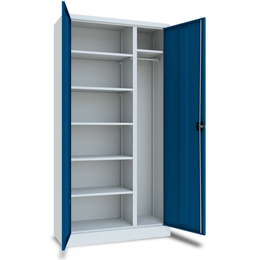 Produktabbildung Nr. 1: PAVOY Putzmittelschrank mit Trennwand, pulverbeschichteten Fachböden und Kleiderstange, HxBxT 1950 x 1000 x 400 mm, lichtgrau/enzianblau