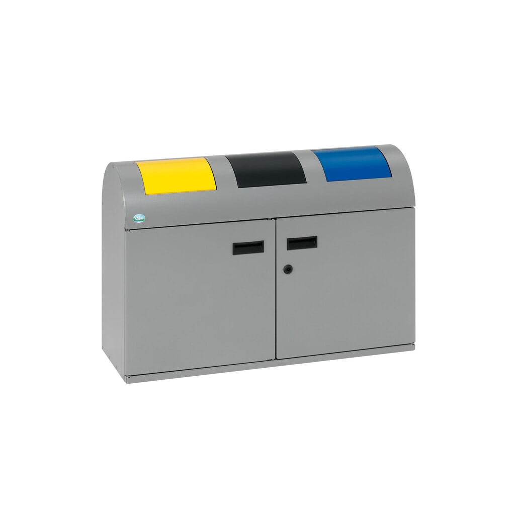 VAR® Wertstoffsammler WSS 50, mit 3 Innenbehältern und selbstschließenden Einwurfklappen, mit rundem Kopfteil, silber Produktabbildung: VAR® Wertstoffsammler WSS 50, mit 3 Innenbehältern und selbstschließenden Einwurfklappen, mit rundem Kopfteil, silber