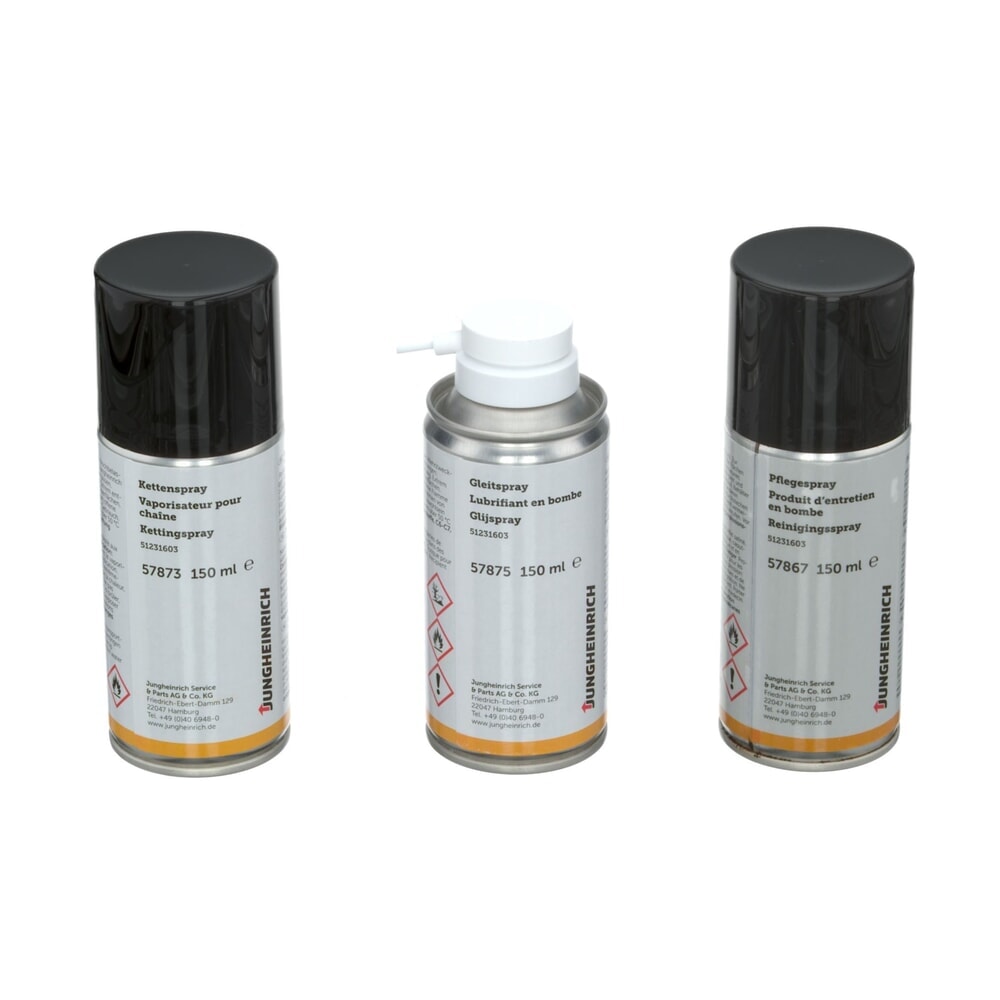 Produktabbildung: Jungheinrich Pflege-Set, 3-teilig inklusive Kettenspray, Schmiermittel und Kunststoffpflege