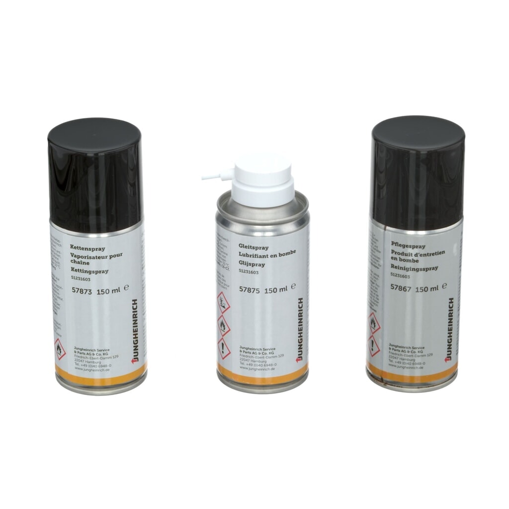 Produktabbildung: Jungheinrich Pflege-Set, 3-teilig inklusive Kettenspray, Schmiermittel und Kunststoffpflege