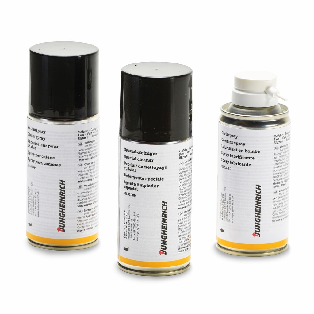 Produktabbildung: Jungheinrich Pflege-Set, 3-teilig inklusive Kettenspray, Schmiermittel und Spezialreiniger