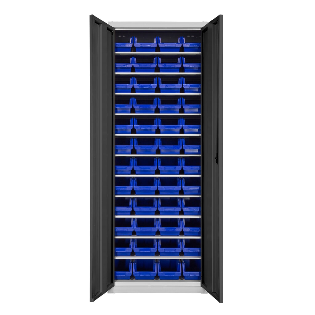 Steinbock® Flügeltüren-Magazinschrank, 48 Sichtlagerkästen Größe 3, 11 Fachböden, lichtgrau/anthrazitgrau Produktabbildung: Steinbock® Flügeltüren-Magazinschrank, 48 Sichtlagerkästen Größe 3, 11 Fachböden, lichtgrau/anthrazitgrau