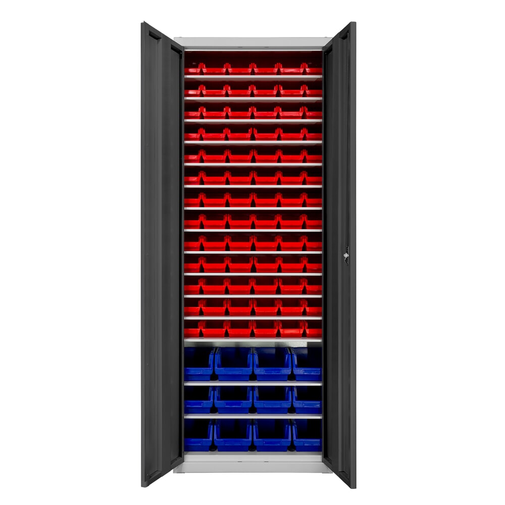 Produktabbildung Nr. 1: HEMMDAL Flügeltüren-Magazinschrank, 12 Sichtlagerkästen Größe 3, 54 Sichtlagerkästen Größe 2L, 15 Fachböden, lichtgrau/anthrazitgrau