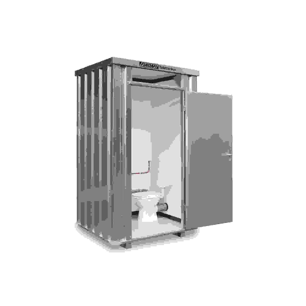 FLADAFI® Toilettenbox, verzinkt, montiert, mit Einrichtung, Einflügeltür, mittig in Breitseite Produktabbildung: FLADAFI® Toilettenbox, verzinkt, montiert, mit Einrichtung, Einflügeltür, mittig in Breitseite