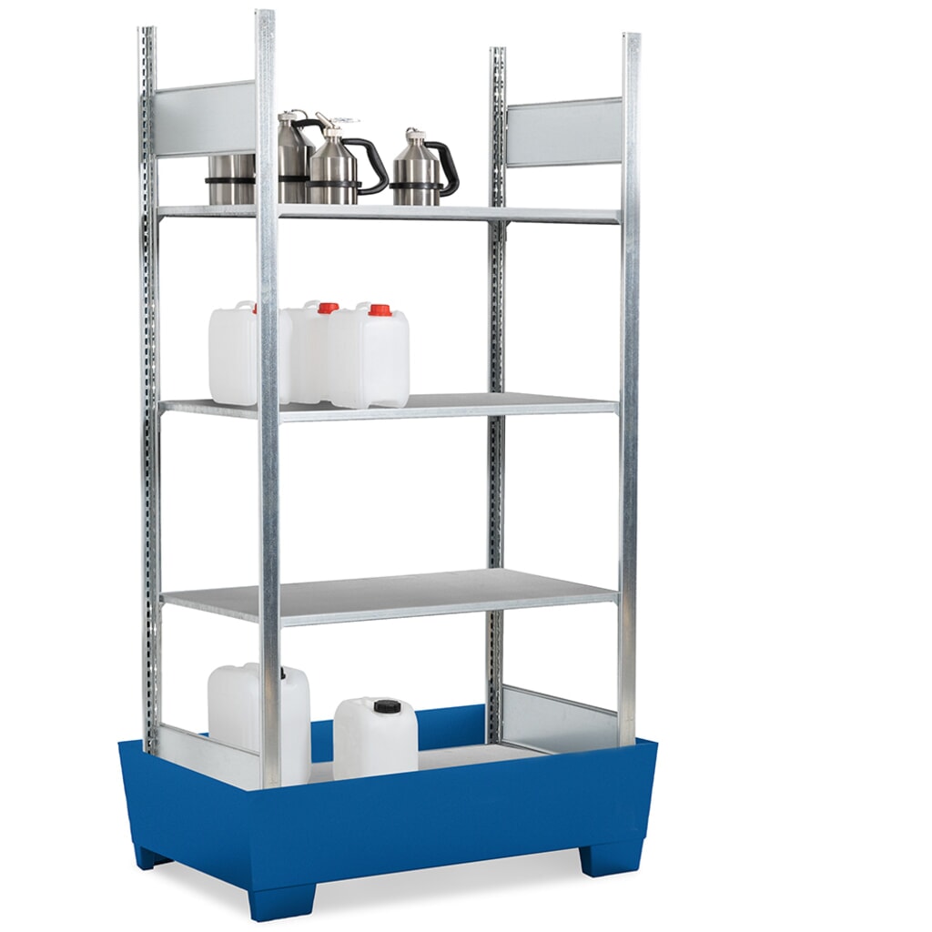 asecos® Gefahrstoffregal für gewässergefährdende und entzündbare Flüssigkeiten, mit Standwanne lackiert, 4 Gitterroste Produktabbildung: asecos® Gefahrstoffregal für gewässergefährdende und entzündbare Flüssigkeiten, mit Standwanne lackiert, 4 Gitterroste