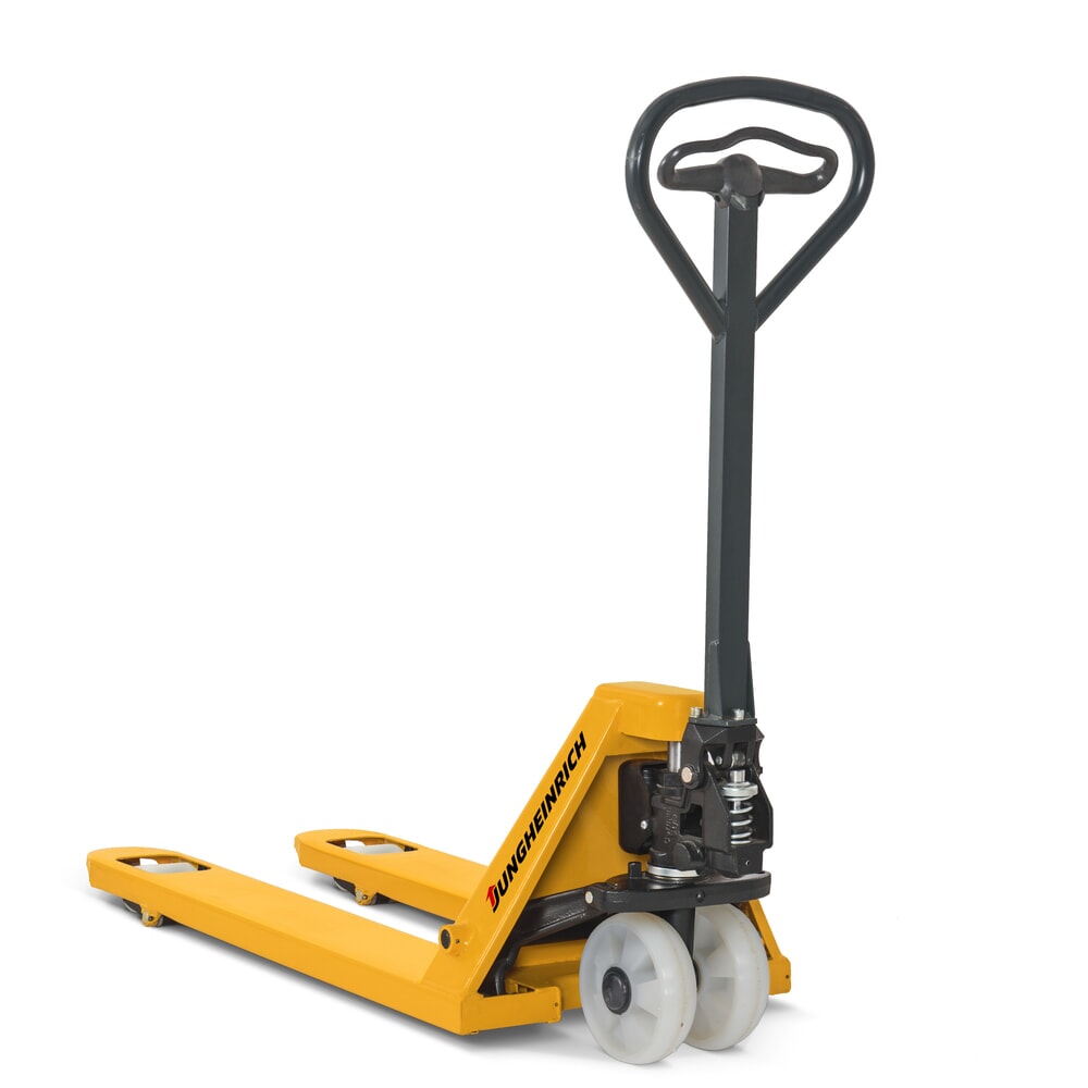 Produktabbildung: Jungheinrich Handhubwagen AM 20, Tragfähigkeit 2000 kg, ergonomische Bedienbarkeit, Nylon-Lenkräder, Nylon-Gabelrollen, Einfachbereifung