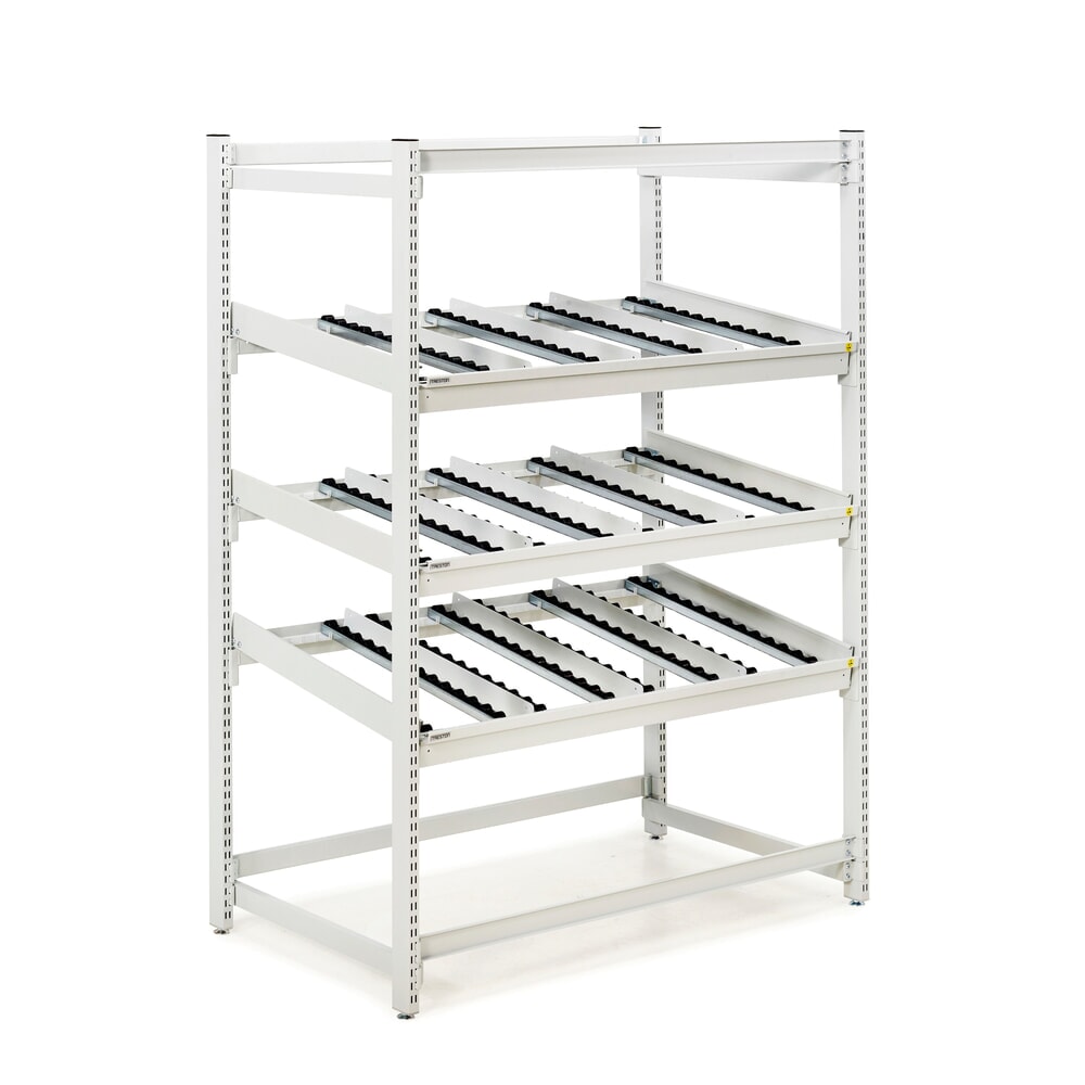 Produktabbildung: TRESTON FIFO-Regal, Fachlast 220 kg je Fachboden, ESD-Schutz, 3 Rollenebenen, HxBxT 1860 x 1385 x 805 mm